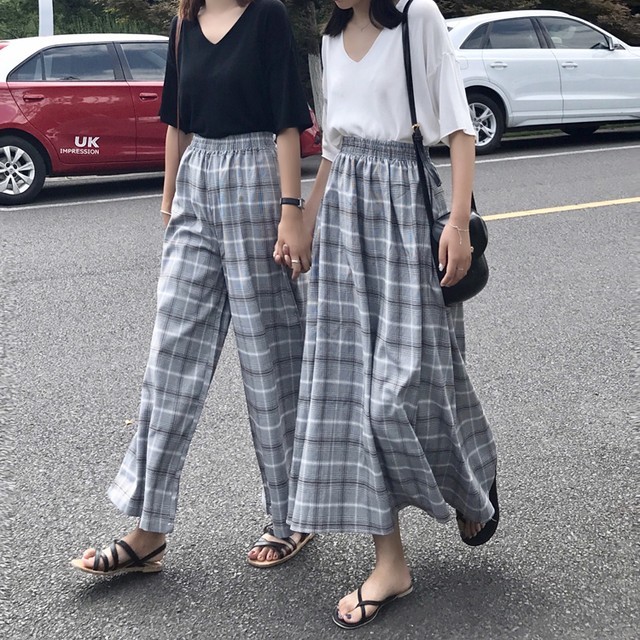 チェック柄ワイドパンツ フレアスカート お揃いコーデ 秋冬 おしゃれ 楽チン インスタ映え Me Too