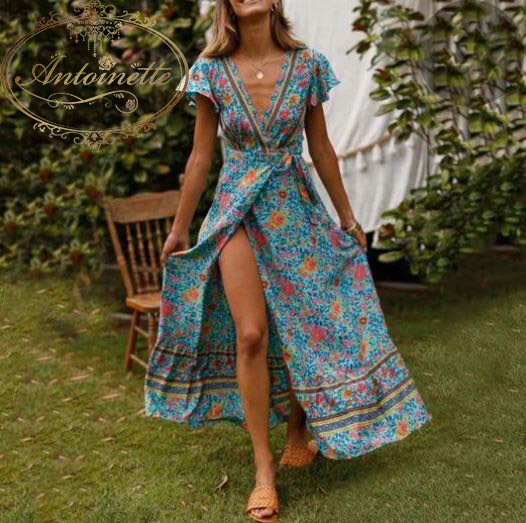 レディース サマードレス 花柄 ワンピ ワンピース 長袖 夏 湘南 海辺 リゾート 総柄 エスニック アジアン インド Antoinette