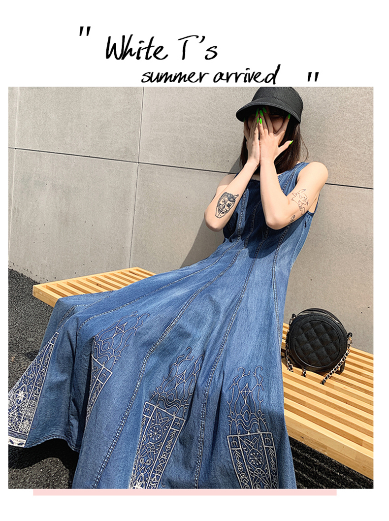 デニムワンピース ロング ワンピース レディース デニム おしゃれ エスニック きれいめ 大きいサイズ xl 2xl 3xl ラウンドネック