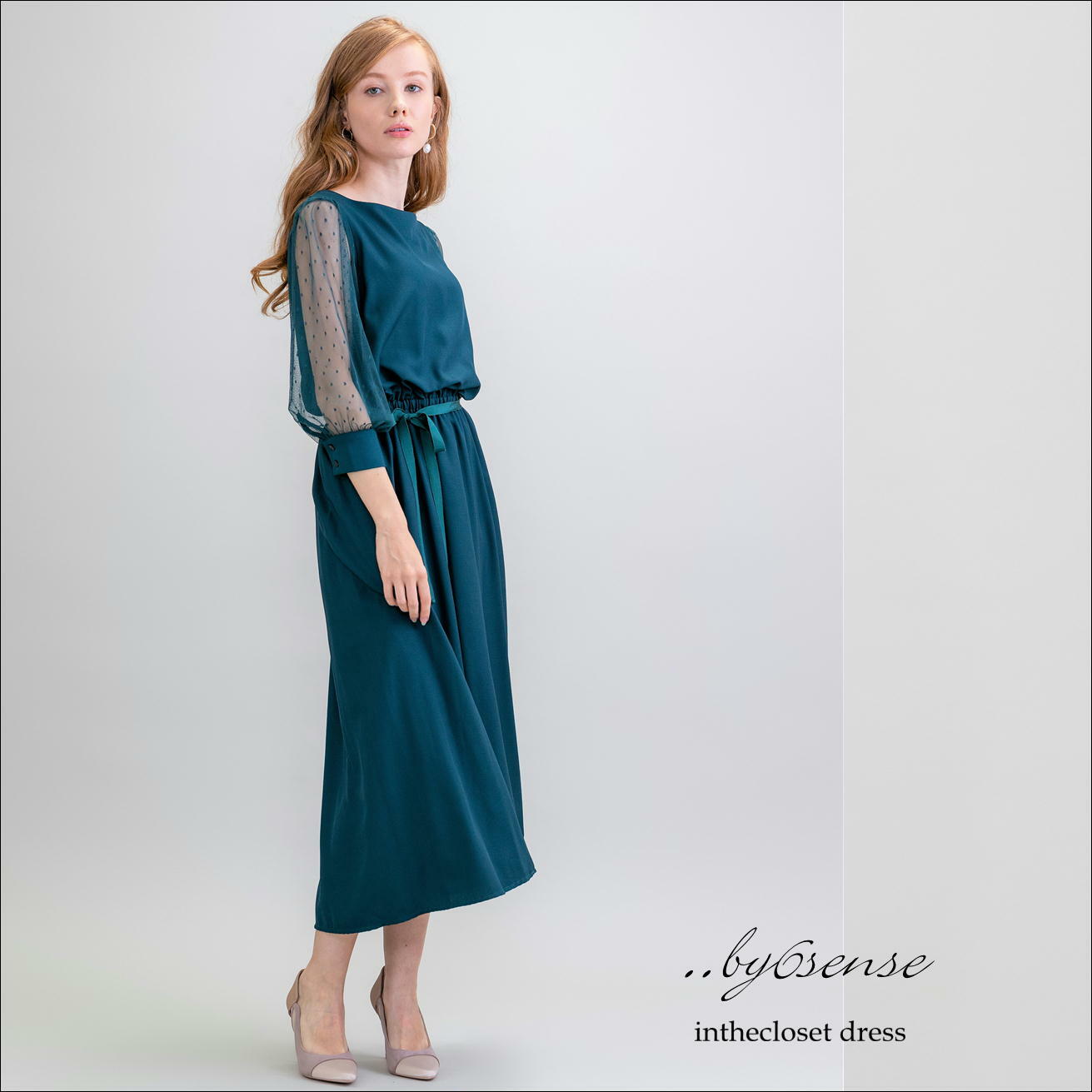 3color 結婚式 二次会などのパーティシーンに 袖ドットチュールワンピース ドレス S M Lサイズ グリーンorブラックorネイビー お呼ばれドレス パーティードレス専門店 By6sense Dress
