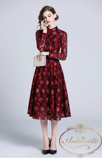 小島瑠璃子様ご着用 Autum Dress 赤 レッド 派手 プリント Gorgeous ゴージャス レディース 総柄 長袖 ワンピ ワンピース ドレス リボン ロング丈 きれいめ 二次会 結婚式 おでかけ Antoinette