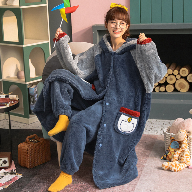 レディースファッション セットアップパジャマ ルームウェア 部屋着 モコモコパジャマ ドラえもんパジャマ 2点セット 厚手 新作 秋冬コーデ サイズ豊富 2xlまで More Lluze モア ルーゼ