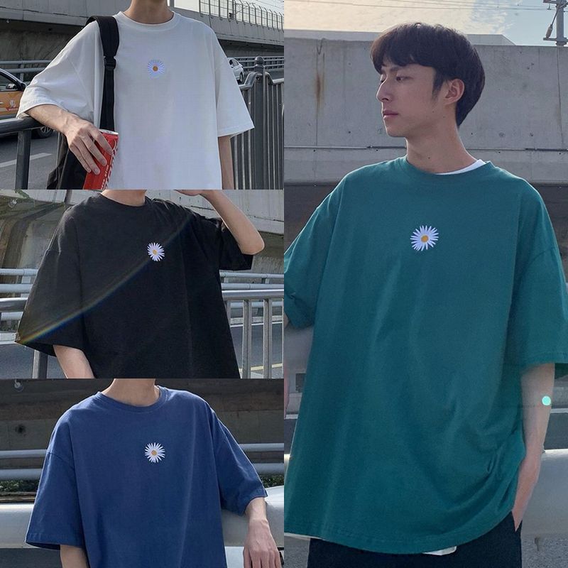 韓国ファッション Tシャツ ユニセックス 半袖 Tシャツ メンズ レディース シンプル 一片の花 刺繍 オーバーサイズ 大きいサイズ ルーズ ストリート