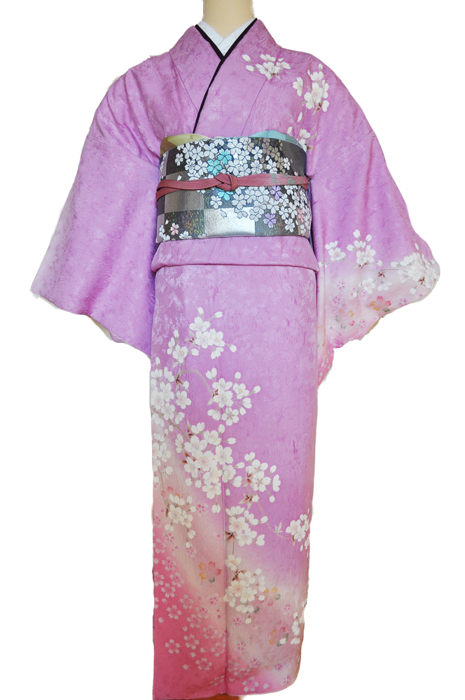訪問着レンタル■ローズ色に裾濃淡桃ぼかしそして桜の花柄が鮮やかに■正絹フリーサイズhu4〔往復送料無料〕 - 画像5