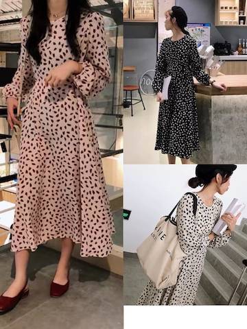 ワンピース レディース 長袖ワンピース レトロ ロング クラシカル 花柄 上品 花びら 総柄 小柄 ドルマンスリーブ Happy Toon
