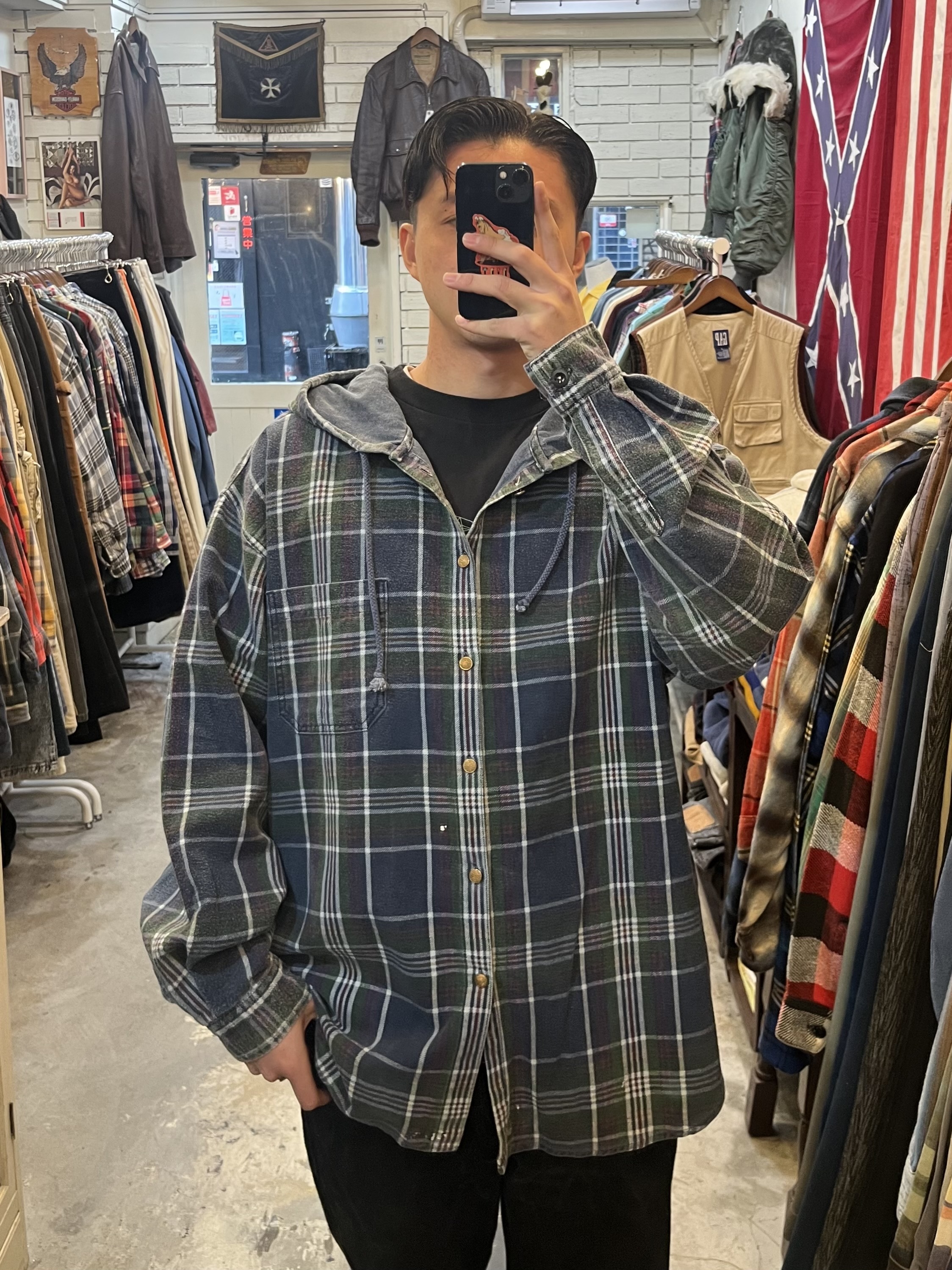 00’s Anchor Blue フランネルボタンフーディ XL の画像 3
