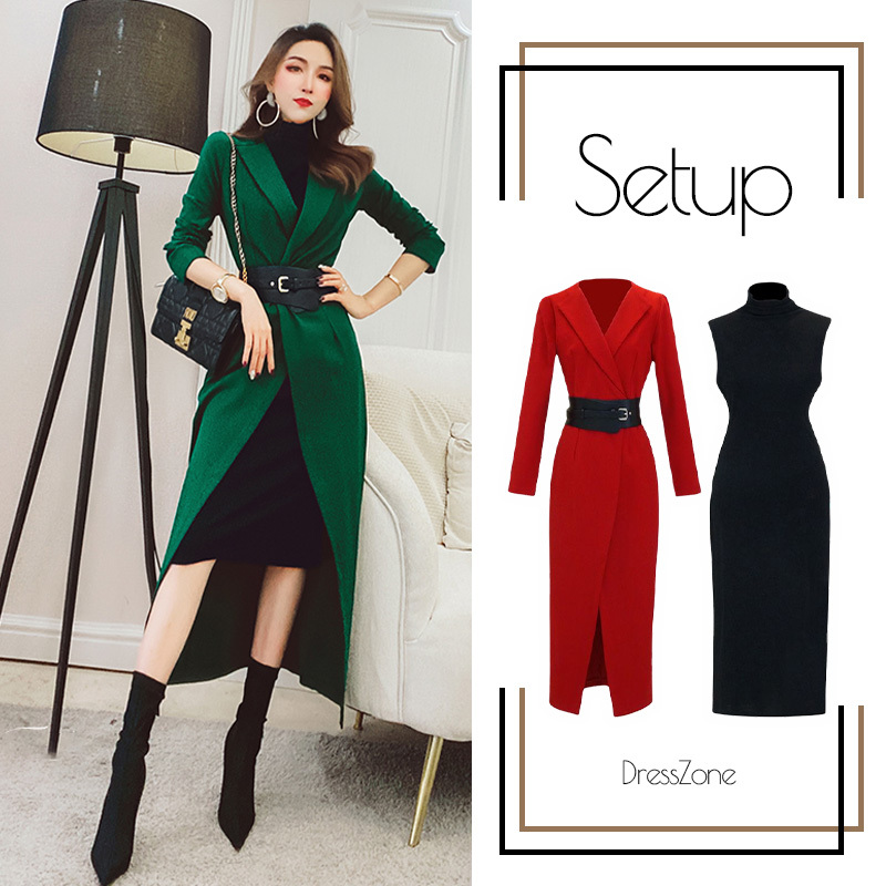 セットアップ ニットワンピース コート 気質アップ エレガント 不規則 秋冬 ベルト締めウエストデザイン レッド グリーン ブラック S M L Ll 3l Dresszone