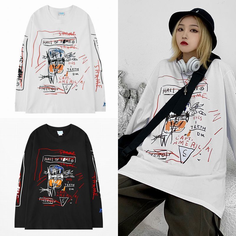 韓国ファッション ロングTシャツ ユニセックス 長袖 Tシャツ メンズ レディース 落書き風 プリント 袖プリント オーバーサイズ 大きいサイズ ストリート