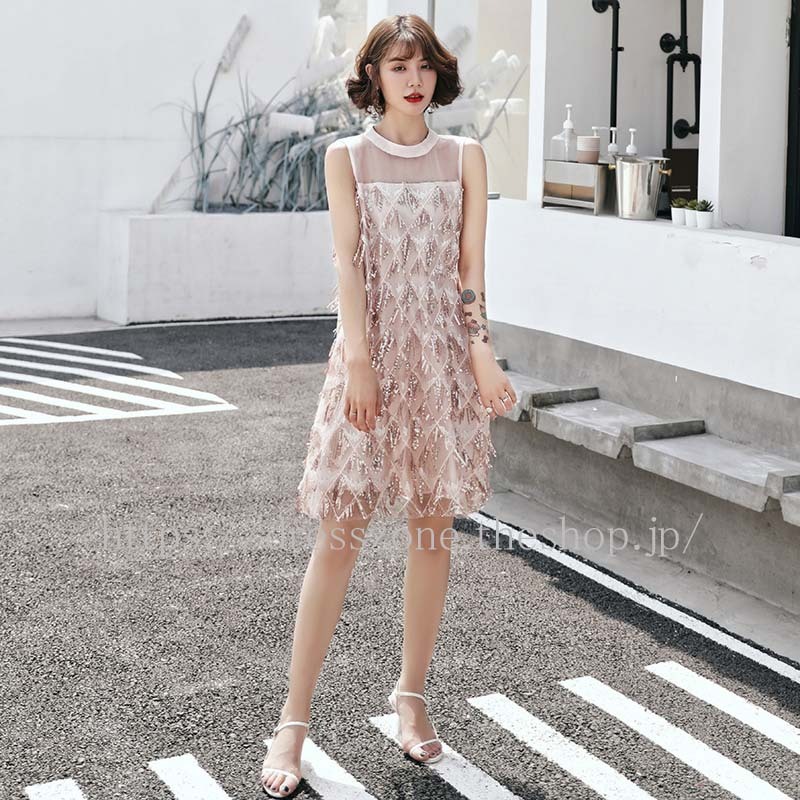 パーティードレス ワンピース 気質良い レトロ エレガント ラウンドネック ノースリーブ スパンコール ピンク フリンジ Xs S M L Ll 3l Dresszone