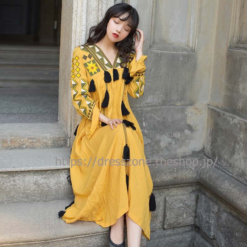 ロング丈ワンピース カジュアルワンピース レディースファション 普段着 旅行用 デート 女子会 パーティー S M L Vネック 気質良い 合わせやすい イエロー 黄色い 民族風 フリンジ Dresszone ロング丈ワンピース カジュアルワンピース レディースファション 普段着 旅行用 デート 女子会 パーティー S M L Vネック 気質良い 合わせやすい イエロー 黄色い 民族風 フリンジ Dresszone