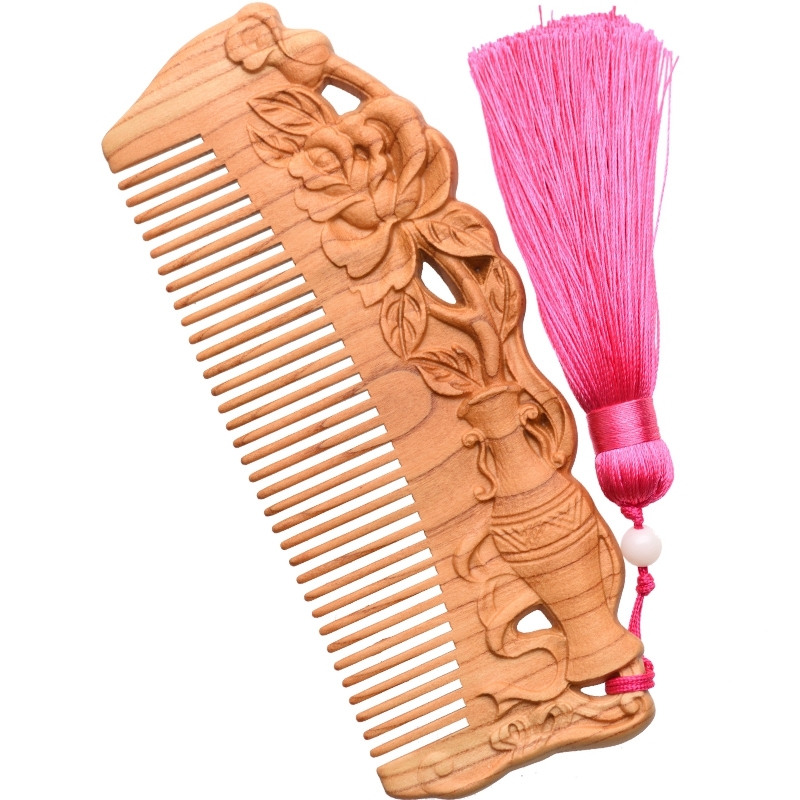 アクセサリー 木製くし 櫛 両面彫り 桃の木櫛 タッセル 美髪 誕生日プレゼント 静電気防止 Dresszone