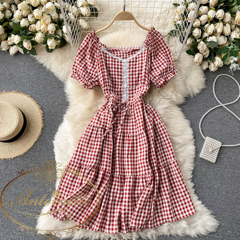 ギンガムチェック 赤 青 ワンピース 半袖 春 夏 レディース Ladies Woman Spring Summer Red Blue Antoinette ギンガムチェック 赤 青 ワンピース 半袖 春 夏 レディース Ladies Woman Spring Summer Red Blue Antoinette