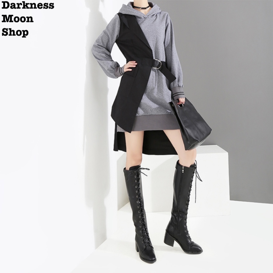 Darknessmoon 2color ベスト 重ね着 レイヤード デザイン フード 付き スウェット トレーナー パーカー チュニック ワンピース Darkness Moon Darknessmoon 2color ベスト 重ね着 レイヤード デザイン フード 付き スウェット トレーナー パーカー チュニック ワンピース Darkness Moon