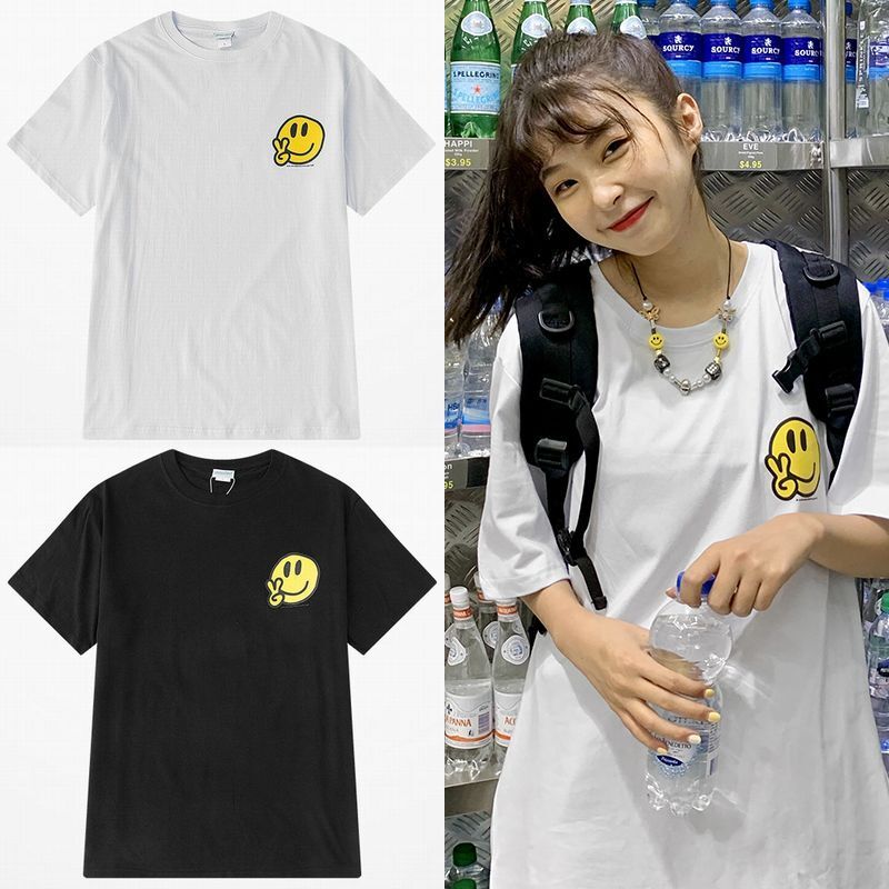 韓国ファッション Tシャツ ユニセックス Tシャツ 半袖 メンズ レディース シンプル 英字 ピース スマイル ニコちゃんマーク スマイリーフェイス オーバーサイズ 大きいサイズ ルーズ ストリート