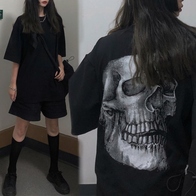 韓国ファッション Tシャツ ユニセックス Tシャツ 半袖 メンズ レディース ラウンドネック シンプル どくろ スカル プリント オーバーサイズ 大きいサイズ ルーズ ストリート