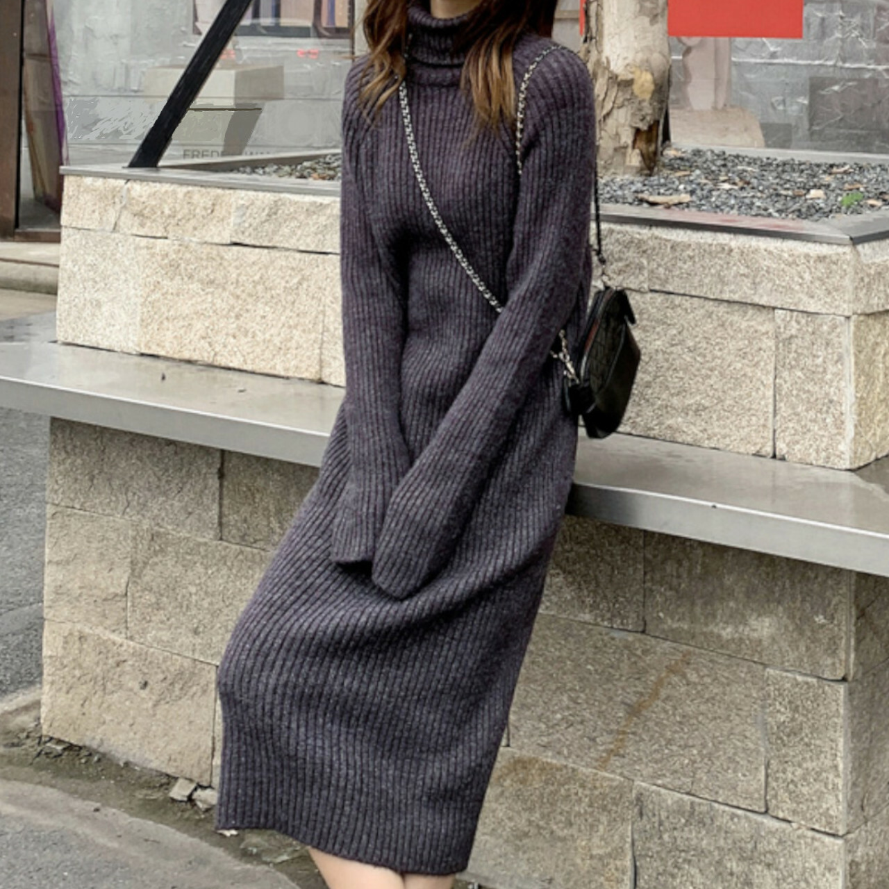 秋 冬 レディース ワンピース ニット ニットドレス タートルネック 長袖 プルオーバー ダークグレー キャメル ライトグレー エレガント カジュアル 大人カワイイ オススメ 人気 トレンド シンプル Seashore