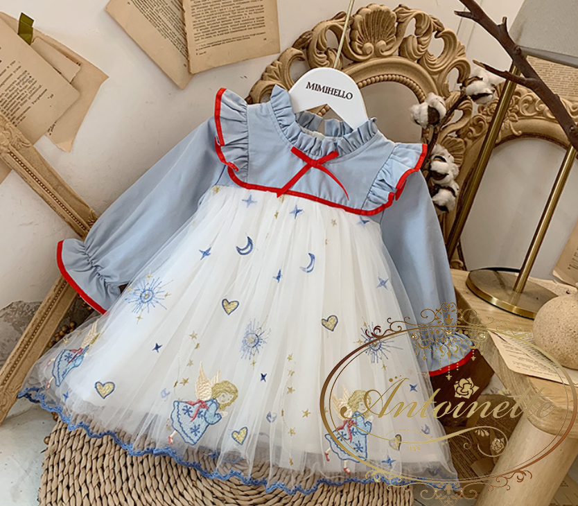 子供 子供服 おんなのこ 女の子 ワンピース 長袖 エンジェル 天使 かわいい 長袖 チュニック ブルー 姫系 Antoinette