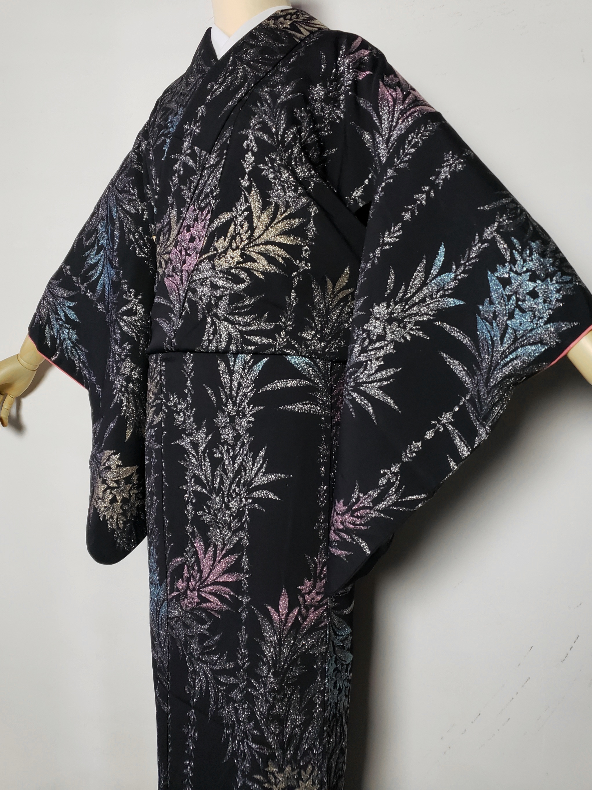 マジョリカお召し アンティーク着物 黒のキラキラ アンティークきもの てまり Kimono27