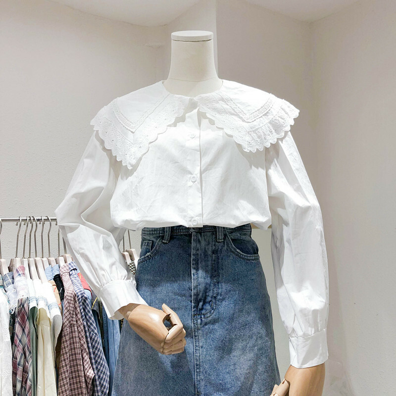 春 夏 ブラウス レース襟 ガーリーブラウス シャツ 長袖 可愛い レースカラー 大きい襟 ワンサイズ おしゃれ ゆったり 韓国ファッション 春 夏 秋 レディース カジュアル 普段着 デイリー 通勤 デート ビジネス オフィス お出かけ ショッピング 女子会 食事会 Me Too