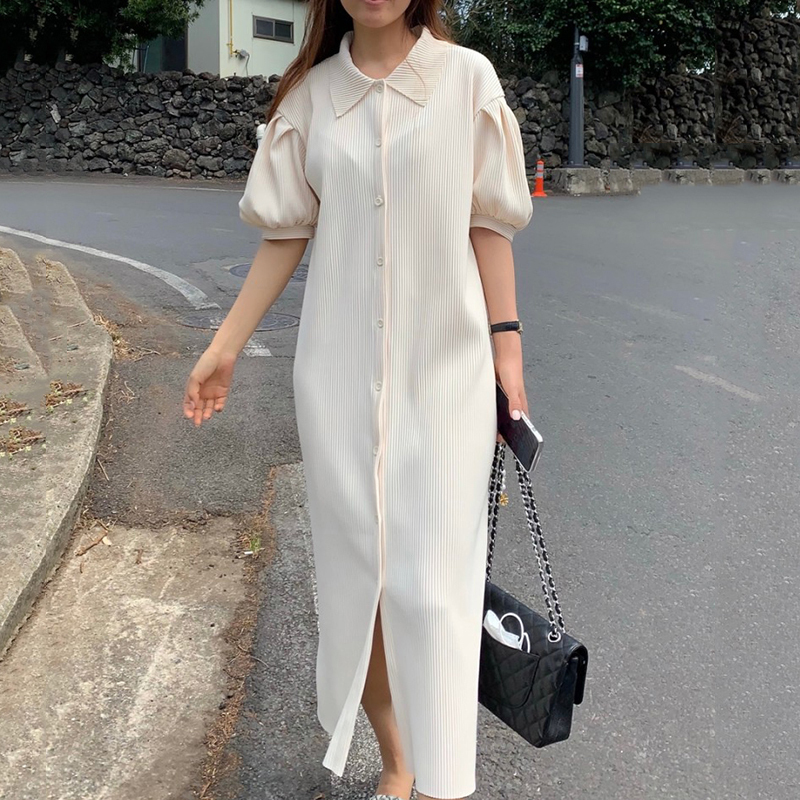 送料無料 ワンピース ロング丈 ミモレ丈 ロングワンピース 半袖 パフスリーブ ボリューム袖 襟付き Iライン ゆったり 体型カバー お洒落 こなれ感 カジュアル フェミニン レトロ ガーリー ナチュラル 大人可愛い 春夏 デート 女子会 モテコーデ デイリー 着まわし 通勤