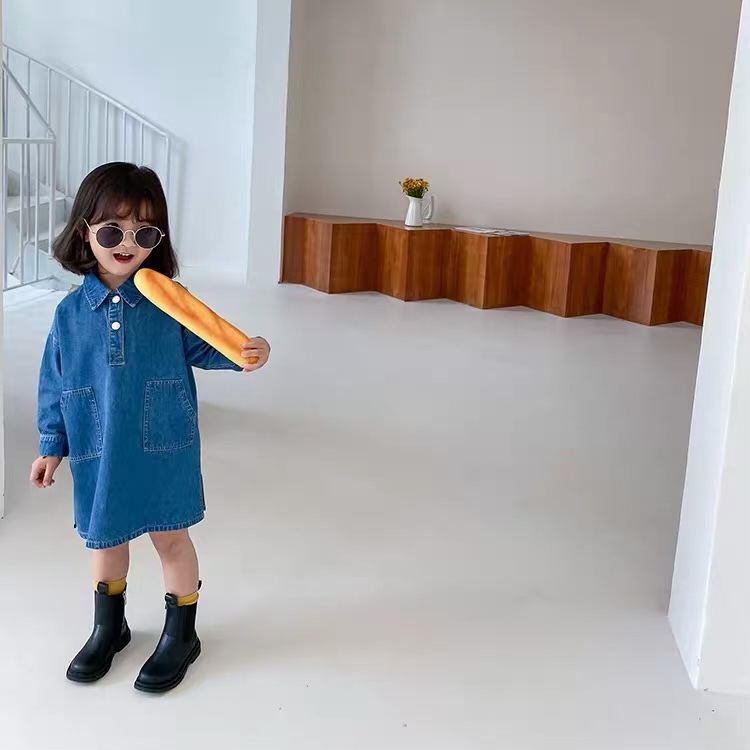 予約 80 140cm キッズ 袖付き デニム ワンピース 長袖 女の子 オーバーサイズ Anoel