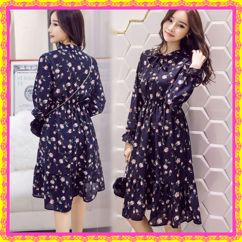 即納 ワンピース レディース 花柄ワンピース シフォンワンピース リボンタイ ハイウエスト 長袖 膝丈 ワンピ フラワー 花柄 Happy Toon