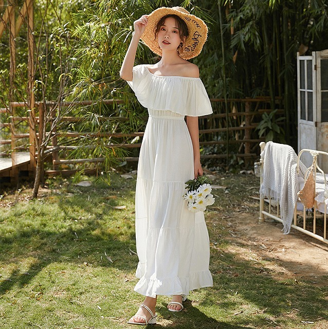 リゾートワンピース 白 ハワイ 沖縄 グアム 50代 40代 30代 代 10代 ロング マキシ丈 背中あき スリット ワンピース オフショルダー 肩だし 韓国の可愛いレディースアパレルのセレクトショップ Kilalion キラリオン