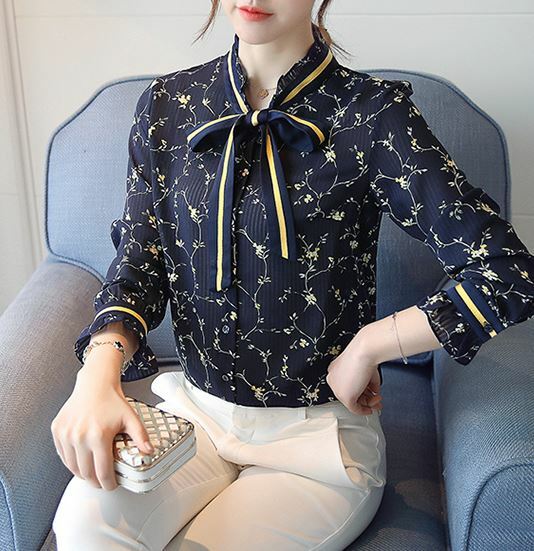 韓国 ファッション レディース トップス ブラウス ボウタイブラウス シャツ 花柄 スタンドカラー リボンタイ 7分丈袖 シングルブレスト