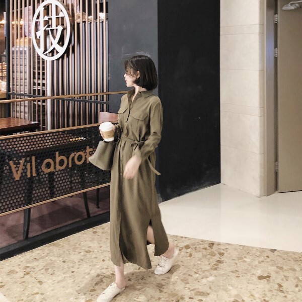 レディース ワンピース 長袖 シャツワンピ スリット 大人可愛い お出かけ カーキ ブラック ロングワンピ 大人っぽい エレガント セレブ 旅行 Seashore