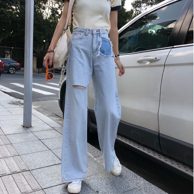 2019世代のドレープのワイドレッグの女性の夏の新しいハイウエストストレートチューブルーズフロアパンツ壊れた穴デニムパンツ サマー 夏物 新作