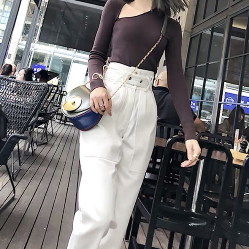 ハイウエスト パンツ レディース 春 秋 九分丈 白 色 オルチャン ファッション 大人 の 可愛い アンクル ワッフル Pn 0065 Hapi Hapi Girl ハピ ガル