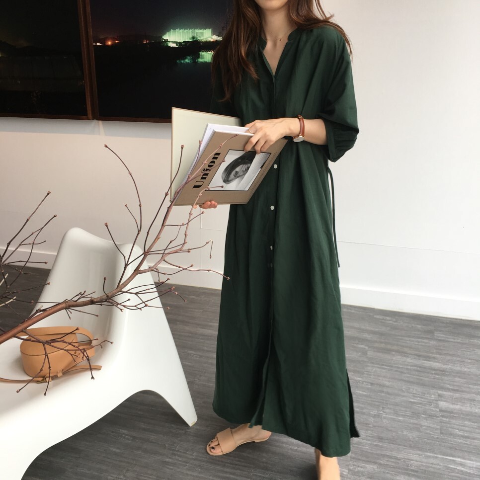 ロングワンピース シャツワンピース ワンピース レディース きれいめ シンプル カジュアル 綿 緑 オレンジ シャツ ロング フレア 半袖 五分袖 Vネック 無地 春 夏 秋 10代 代 30代 40代 大人カジュアル ワンピース コーデ 通勤 Ol オフィス ママ 楽ちん