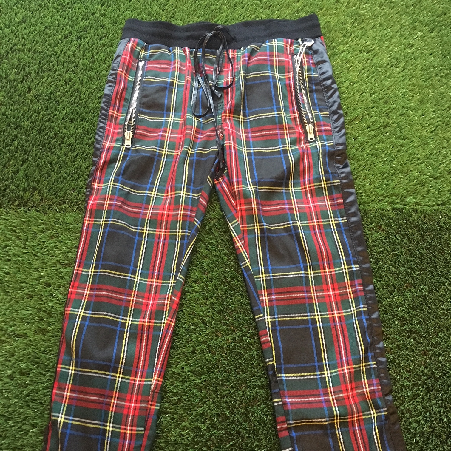 green plaid track pants