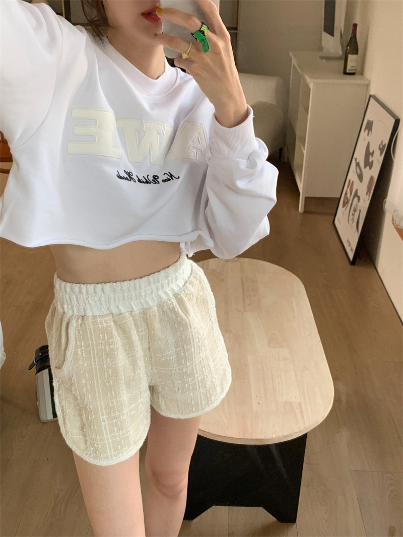 セットアップ トレーナー ショートパンツ レディース 上下セット ロンT 長袖 へそ出し ラウンドネック ウエストゴム カジュアル シンプル おしゃれ 普段使い 旅行 学生 着回し 白 フリーサイズ