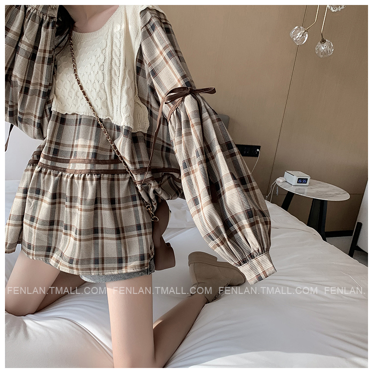 トップス 秋 かわいい ガーリー リボン ニット 韓国ファッション チェック タータンチェック 134 Sweetly