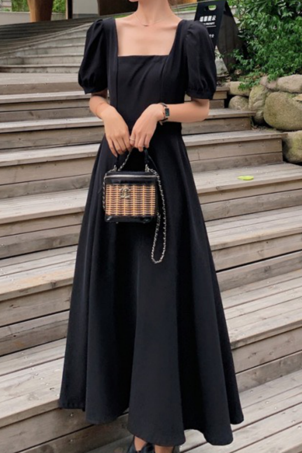 バックオープンリボンブラックロングシフォンワンピース 0300 Amu