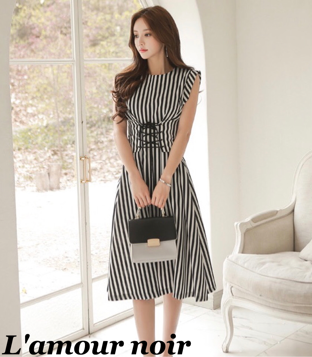 ストライプハイウエストワンピース L Amour Noir