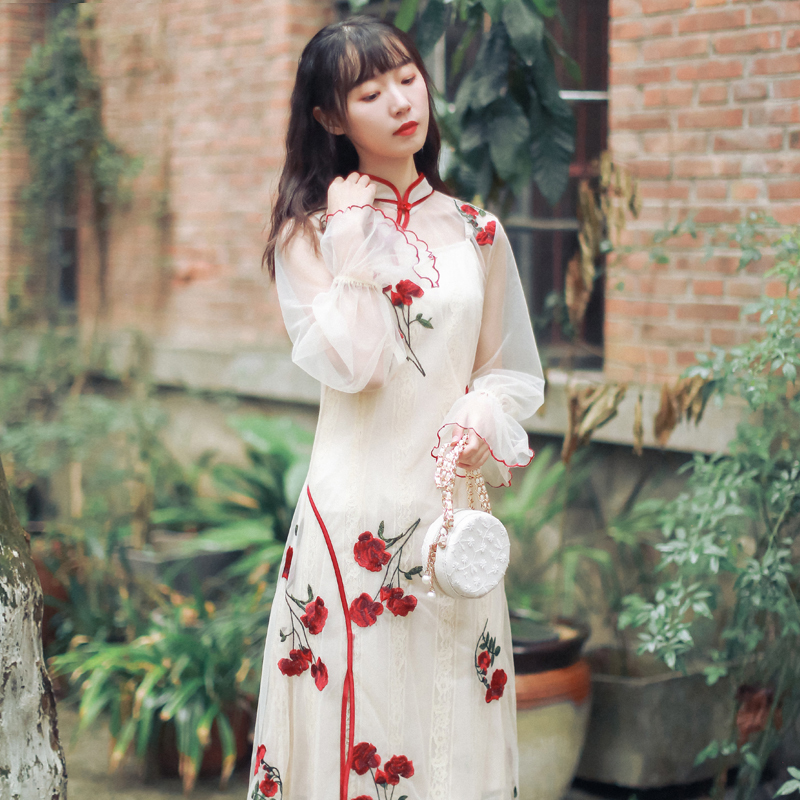 2点セット チャイナ風ワンピース 刺繍ワンピース 改良唐装 改良漢服 チャイナ風服 中華服 改良型チャイナドレス ロング丈 普段着 S M L 着痩せ 美しいシルエット Dresszone