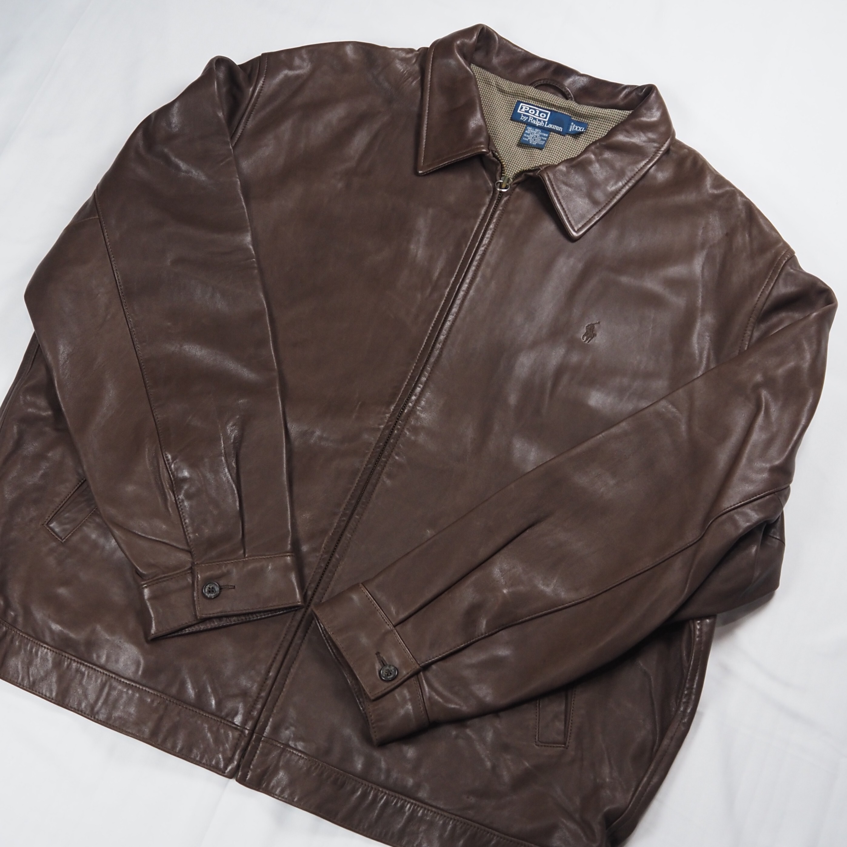 【9/23 20:00入荷】90's Ralph Lauren ラムレザージャケット XXL ブラウン の画像 10