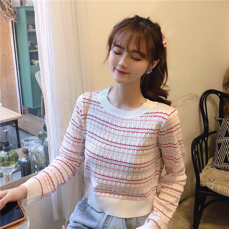 2019秋の新バージョンのシックな野生のファッションセーター長袖Tシャツ女性エインストライプシャツ女性潮-アリババ ロング オータム 秋物