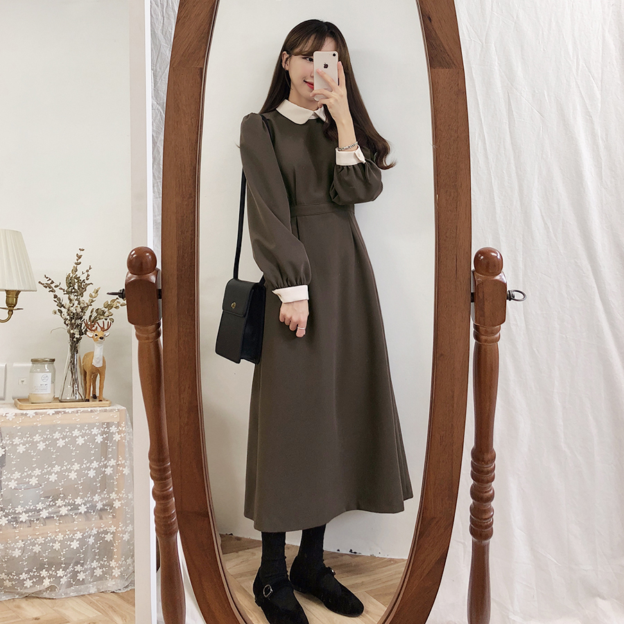 即納 在庫処分50 Off レトロガーリー 襟付きロングワンピース A0097 Retro N