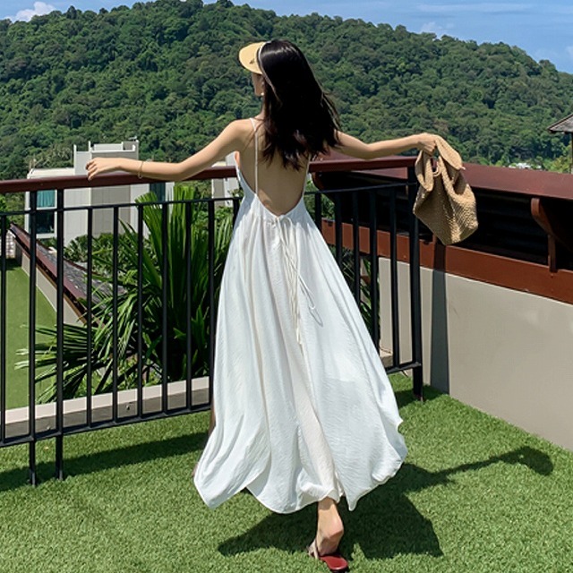 リゾートワンピース 白 花柄 ハワイ 沖縄 グアム 50代 40代 30代 代 10代 ロング マキシ丈 Vネック 背中あき ワンピース ノースリーブ 肩だし 韓国の可愛いレディースアパレルのセレクトショップ Kilalion キラリオン
