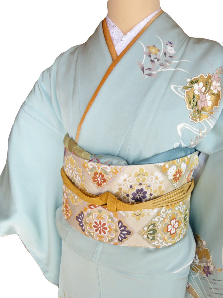 訪問着レンタル■薄萌黄色地に雪輪と流水そして桔梗や菊の花柄■正絹フリーサイズhu6〔往復送料無料〕 - 画像4