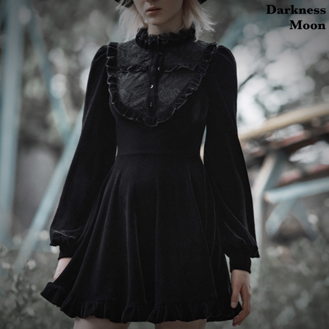 Darknessmoon レースデザイン ランタンスリーブ ベルベット カジュアル ゴシック ドレス ワンピース Darkness Moon