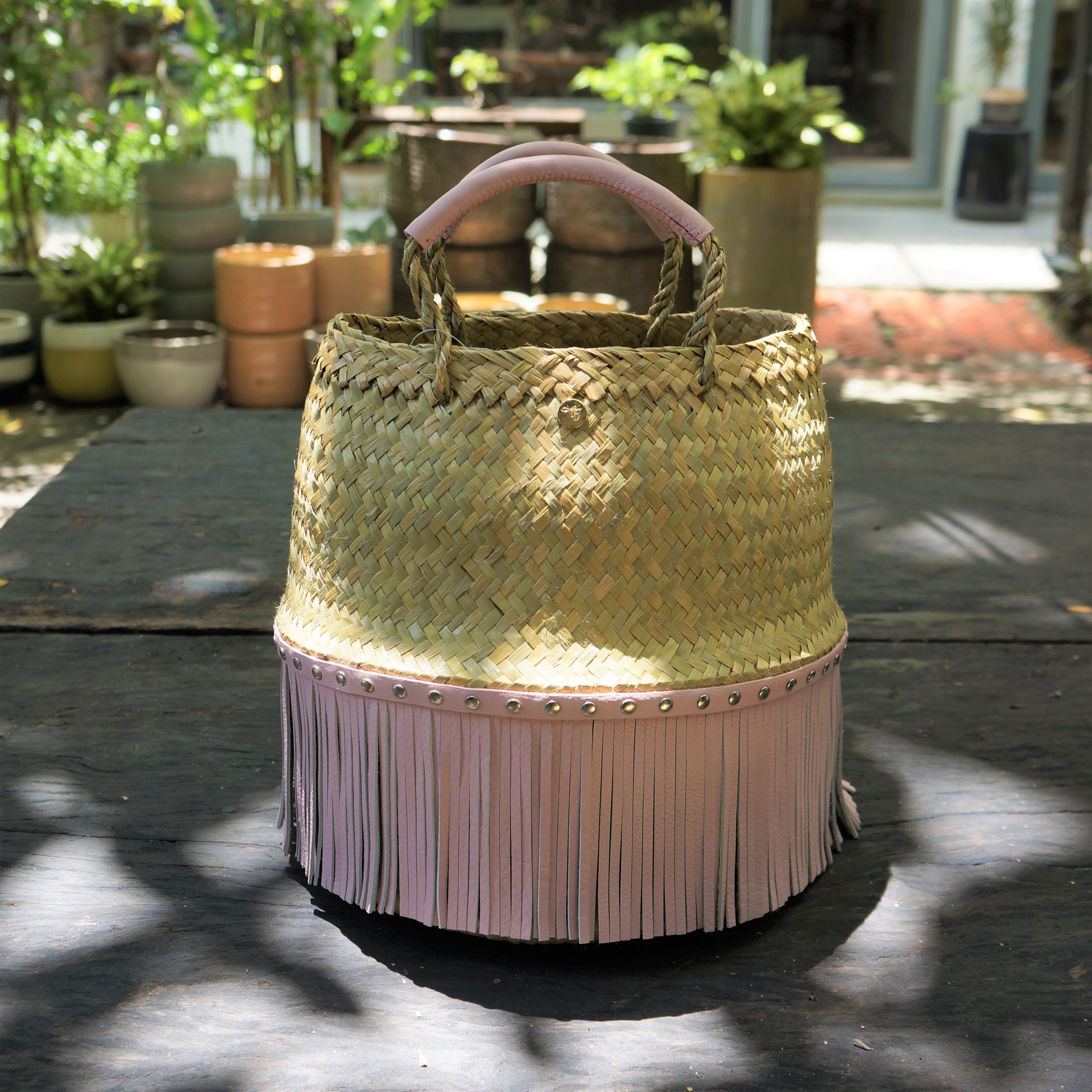 Hansry カゴバッグ 本革フリンジ With スタッズ Small Baby Pink 限定カラー Hansry