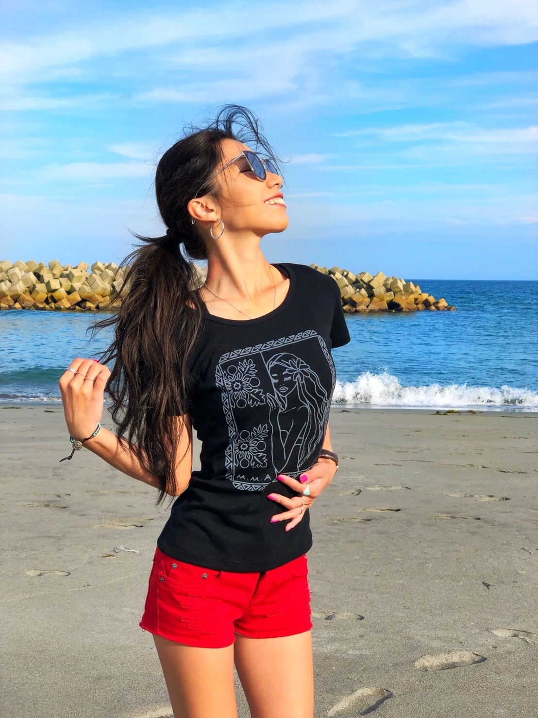 ハワイアンガールレディースtシャツ黒 Alohacoco