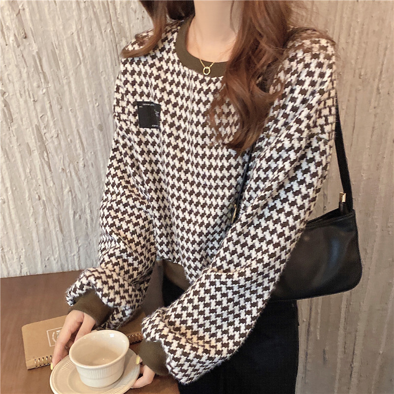 ハウンドトゥースチェックリブトレーナー 韓国ファッション通販 Nosweat