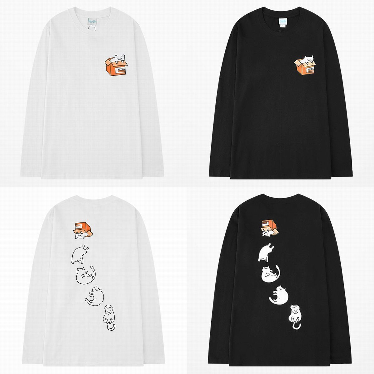 韓国ファッション ロングTシャツ ユニセックス 長袖 Tシャツ メンズ レディース ネコ バックプリント ラウンドネック オーバーサイズ 大きいサイズ ストリート