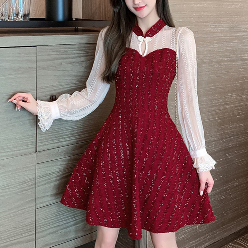 ワンピース 切り替え 長袖 チャイナ風 赤 Ol フォーマル スカラップスリーブ Aライン レッド ブラック S M L Ll Dresszone