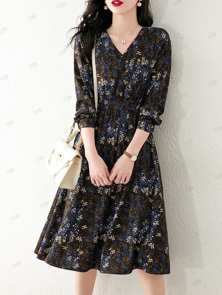 直売最激安 ワンピース 長袖 Vネック レディース ネイビー 代 30代 40代 春 秋 花柄 通勤 純正販促品 Ssl Daikyogo Or Jp